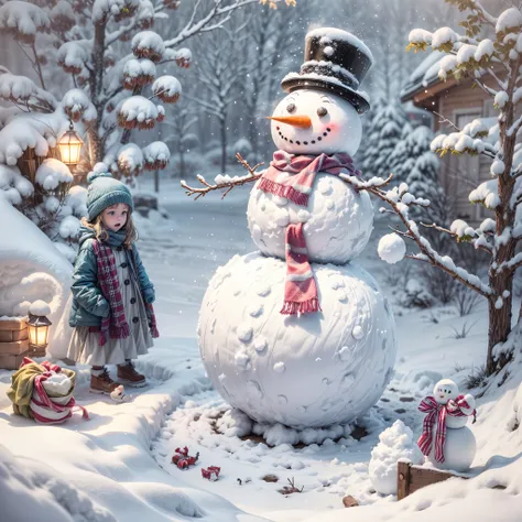 (White snow scene manuscript:1.4),(Symmetrical:1.3),(tmasterpiece，1 cute little girl playing，Kneel on the snow and build a snowman with your hands: 1.5, middle, European Christmas elements)，(Snowman wearing Christmas hat: 1.5),（UK - Chic Illustration:1.2, ...