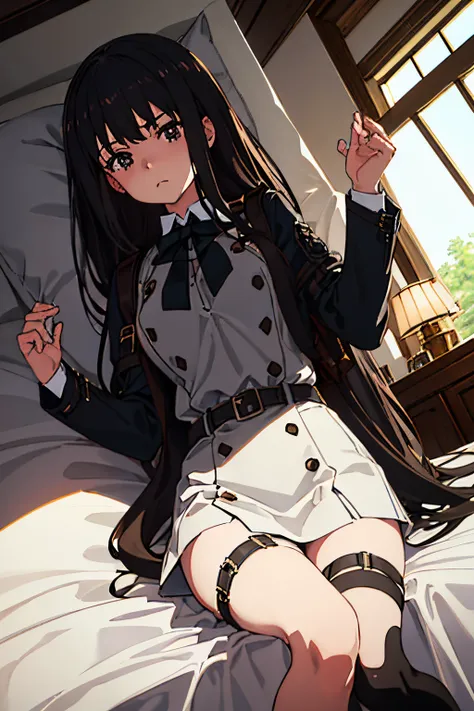 ​masterpiece、flat-colors、depth of fields、lens flare 1 girl、、Brown hair、watching at viewers　　　black suspenders　　　Bulging big breasts　　 　 　　　walls: 　Black miniskirt　garters　　　　　　Gaze　　　Small face　bangss 　　　holster　　Belt Armament　Beautuful Women　srestrained　h...