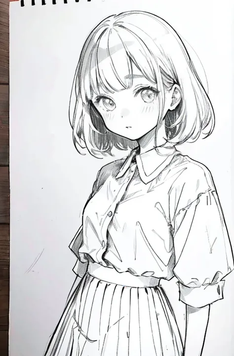 1girl in,line-drawing,monochromes,sketch,Pencil drawing,Traditional Media,1girl in, Skirt, Solo、Cute teenage woman, Beautiful portrait、Delicate body、manga comics,bobhair、Align your bangs、Bangs、full bodyesbian、校服