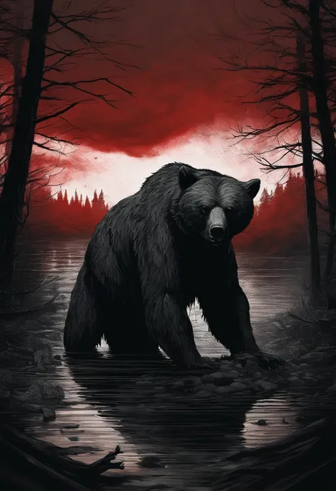 rainy day, Evil Light, grizzly bear, riverbank, Glowing red eyes, Malicious glow, Best Quality, masutepiece,Eating meat