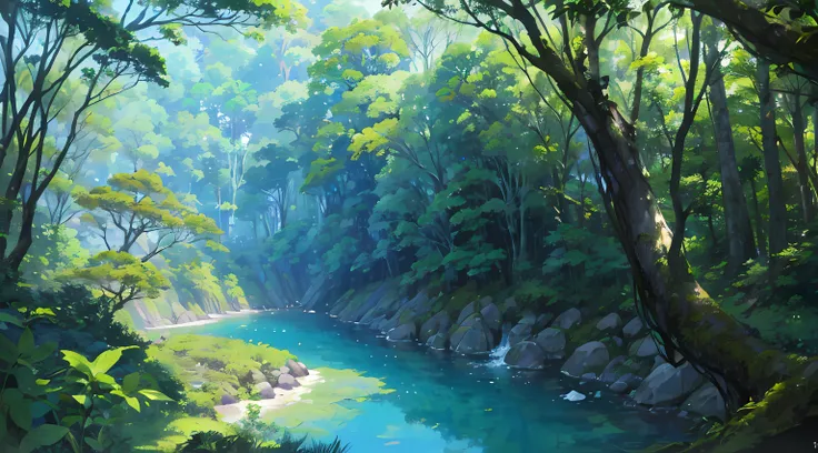 vast rainforest, tall trees, greenery, huge trees, beautiful blue sky, beautiful sunlight, distant view, looking from above, amazing scenery, amazing visuals, beautiful anime artwork, ultrasharp, masterpiece, high res, 8k