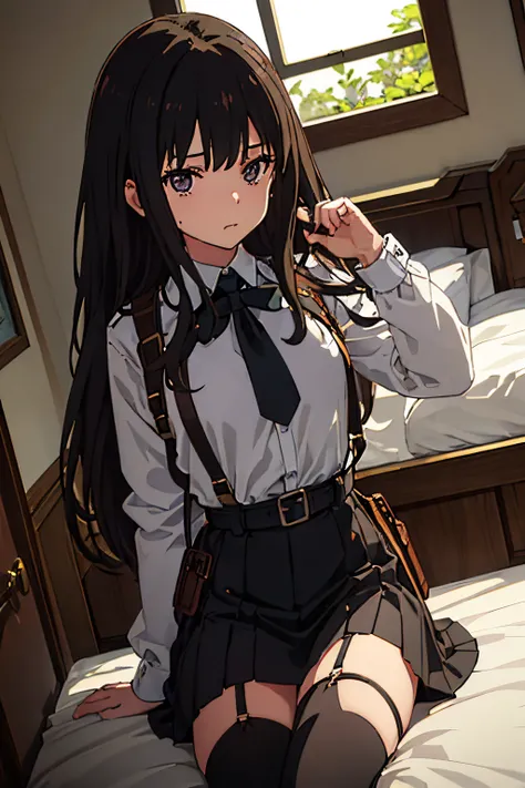 ​masterpiece、flat-colors、depth of fields、lens flare 1 girl、、Brown hair、watching at viewers　　　black suspenders　　　Bulging big breasts　　 　 　　　walls: 　Black miniskirt　garters　　　　　　Gaze　　　Small face　bangss 　　　holster　　Belt Armament　Beautuful Women　srestrained　h...