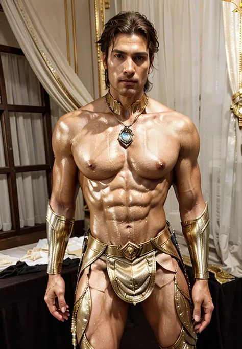 realistic, (masterpiece), (photorealistic:1.3), ultra-detailed, (high detailed:1.2), (best quality:1.0),  manly, musculine, tall man, a man in royal regalia wearing a golden wonder woman armor style, covered with diamond. Fantasy, Full body character sheet