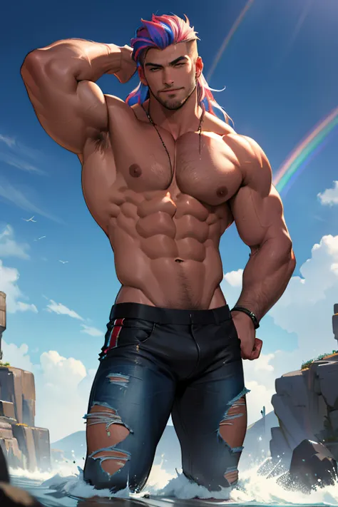 ((masterpiece)),((bestquality)),((gay couple))8k, rainbow hair,high detailed,ultra-detailed, smirk, long hair,8-pack abs, erotic, huge bulge,,Stylish Pose, real skin texture, cinematic lighting, extremely masculine muscular men,size difference, macrophilia...