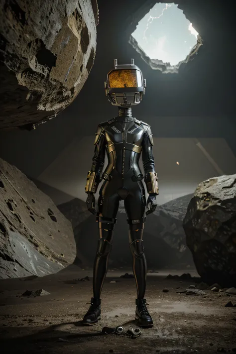 A Modern flat toon Crazy whit a Big ONE a Only Eye Robot and helmet Style, tongs in hands, Tv head, pinhead, camouflage yellow white Pibnk Rusty, Ambient in a meteorite crater super detailed, center, beautiful, soft lighting, focused on the character, 4K r...