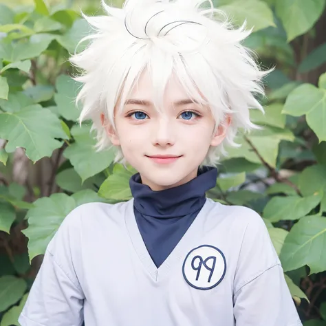 A realistic white haired boy, exact same hairstyle, realistic handsome face, realistic sweet smiling expression, adapt Exact clothing, realistic light, realistic shadows, realistic background, realistic blue eyes