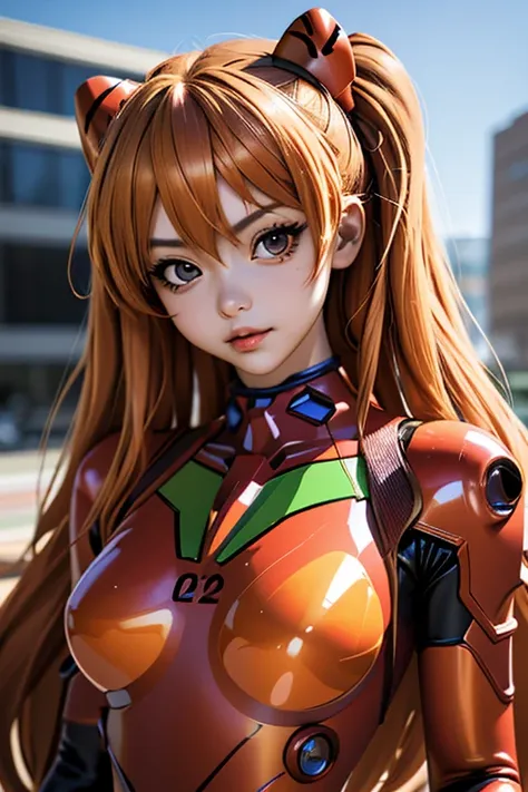 (masutepiece, Best Quality), 1girl in, Beautiful face,  Asuka Cosplay Costume, Cosplay, plugsuit, body suit, Hair Ornament,