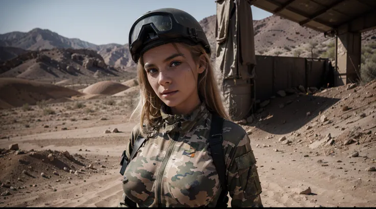 20 year old female soldier wearing digital camo fatigues, dirty blonde hair under helmet, ((breasts exposed, perky breasts)), seductive look, (dirty face, soot on her face), (full body), wide shot, desert background, detailed skin, film photography, vintag...