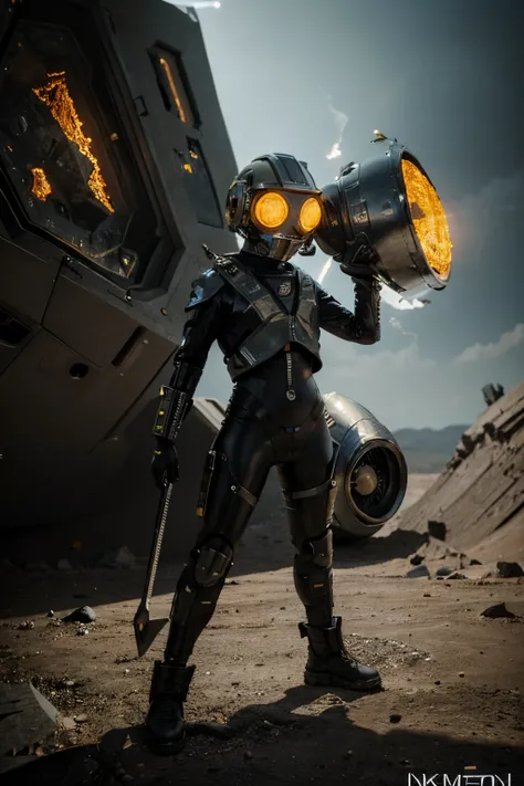 A Modern flat toon Crazy whit a Big ONE a Only Eye Robot and helmet Style, tongs in hands, Tv head, pinhead, camouflage yellow white Pibnk Rusty, Ambient in a meteorite crater super detailed, center, beautiful, soft lighting, focused on the character, 4K r...