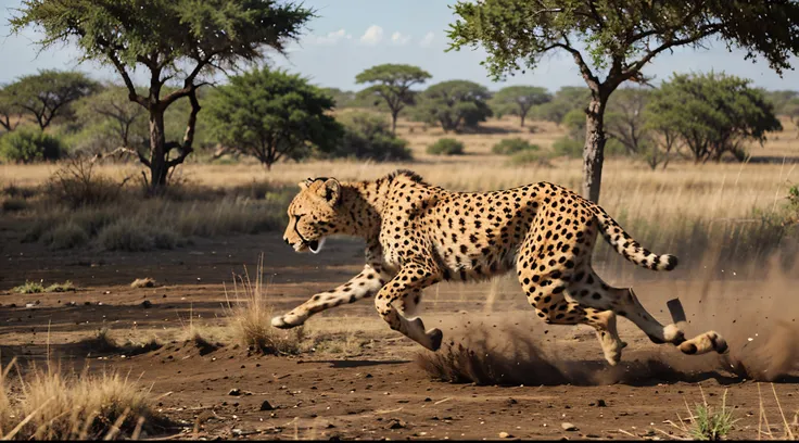 cheetah running quickly in the middle of the savanna, image blurred due to speed, long steps, focus on speed, penetrating gaze