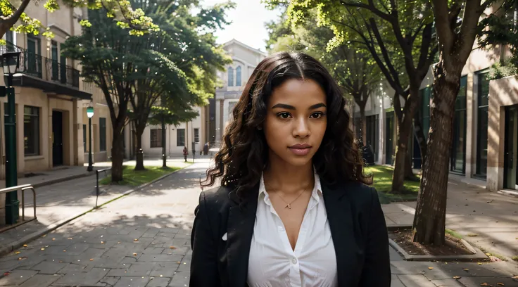 In the midst of a sunlit afternoon on the university campus, an Afro-Brazilian student exudes confidence and style as she walks gracefully through the grounds. Dressed in sophisticated business attire, she wears a tailored blazer and pencil skirt that comp...