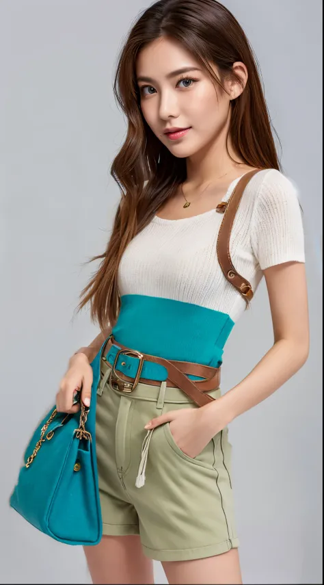 light green feather knit, half sleeves, casual brown denim, thin red belt, shorts, a compact white pouch