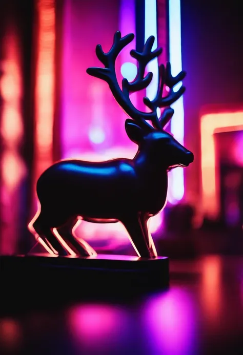 A close-up shot of a neon reindeer silhouette surrounded by colorful neon lights, adding a modern twist to traditional Christmas decorations.