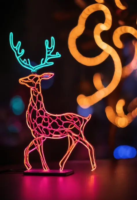 A close-up shot of a neon reindeer silhouette surrounded by colorful neon lights, adding a modern twist to traditional Christmas decorations.