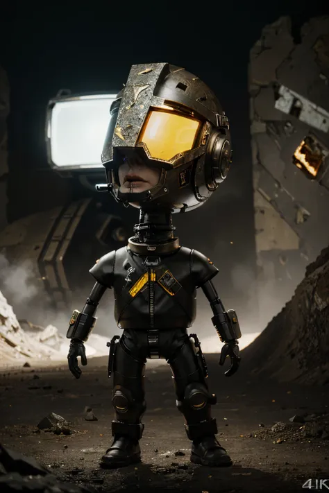 A Modern flat toon Crazy whit a Big ONE a Only Eye Robot and helmet Style, tongs in hands, Tv head, pinhead, camouflage yellow white Pibnk Rusty, Ambient in a meteorite crater super detailed, center, beautiful, soft lighting, focused on the character, 4K r...