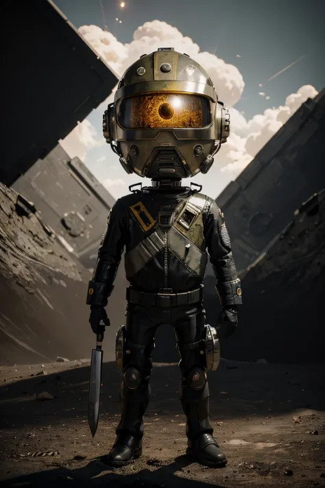 A Modern flat toon Crazy whit a Big ONE a Only Eye Robot and helmet Style, tongs in hands, Tv head, pinhead, camouflage yellow white Pibnk Rusty, Ambient in a meteorite crater super detailed, center, beautiful, soft lighting, focused on the character, 4K r...