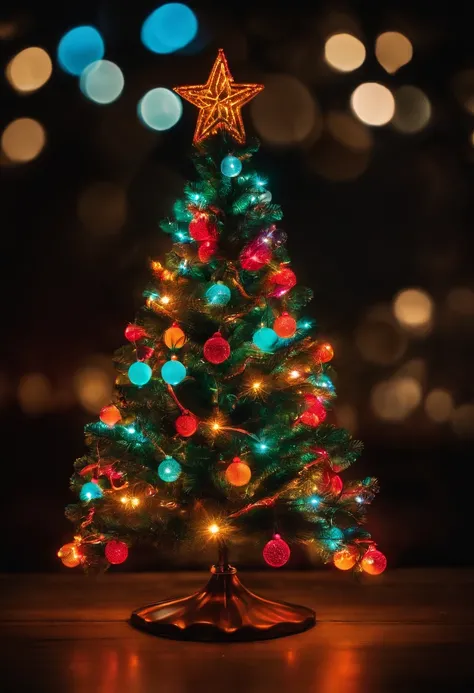 A neon Christmas tree with bright, glowing branches and ornaments, standing out against a dark background and creating a unique and contemporary holiday display.