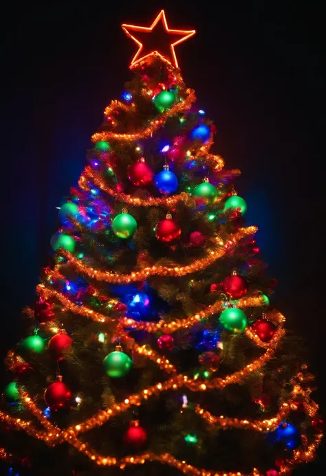 A neon Christmas tree with bright, glowing branches and ornaments, standing out against a dark background and creating a unique and contemporary holiday display.