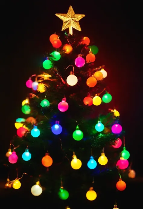 A neon Christmas tree with bright, glowing branches and ornaments, standing out against a dark background and creating a unique and contemporary holiday display.