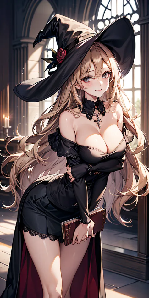 Adult Woman, Sexy Witch Cosplay, Long dark blonde wavy hair、off-shoulder knit, (Long flared skirt), Witchs Hat、Puffy nipple、Medium milk, cute smile face、Bare shoulders、(Pose to lean forward and emphasize the chest)、(turned around)、sexy hips、Black High Heel...