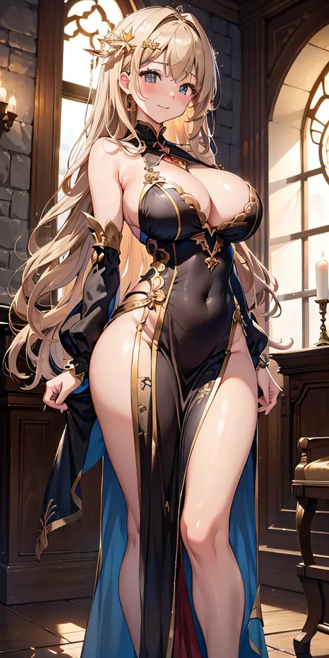 masutepiece, Best Quality,  the Extremely Detailed CG Unity 8K Wallpapers, Beauty Knight Costume, Long dark blonde wavy hair、Gorgeous Sacred Dresses、Long skirt with luxurious hair ornament with slit、Medium milk,  Puffy nipple、Blushing, Shy laughter, Bare s...