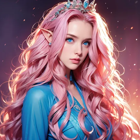 Woman, long curly hair, pink hair, blue eyes, elf, queen, crown