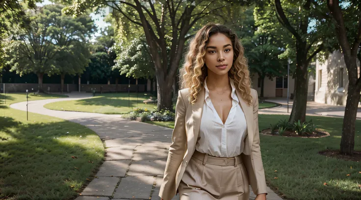 In the radiant glow of a sunlit afternoon on the university campus, an Afro-Brazilian student with luscious blonde curls emanates confidence and style as she gracefully strolls through the grounds. Dressed in sophisticated business attire—a tailored blazer...