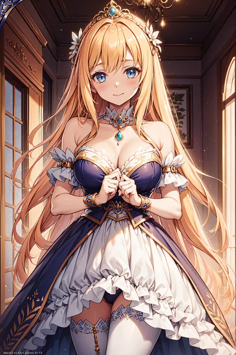 22-year-old girl，Enchanted，Being in love，Pose Seductive，(princess dress:1.2)，Dark blonde wavy hair，e Blue Eyes，maximalism，Multi-layered delicate frills，Lots of races，(Delicate pattern:1.1)，(exquisite costumes:1.1)，(Yellow-white tone)，Princess Crown，beautif...