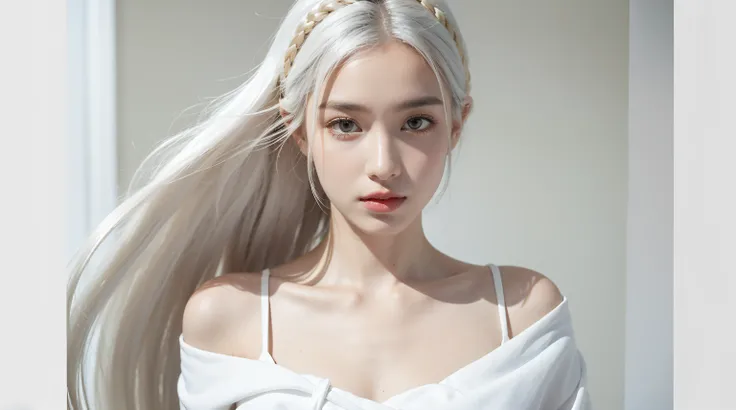 Best quality at best, tmasterpiece,White hair, gold eyes,white  clothes, Ao olhar para cima, The upper part of the body,Hairline,White skin of the,Side braids