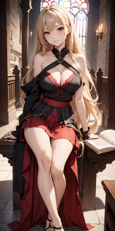 Adult Woman, Sexy Wizard Cosplay, Long dark blonde wavy hair、Red and black off-the-shoulder knit, (Long flared skirt in black), Medium milk, cute smile face、Bare shoulders、(Pose to lean forward and emphasize the chest)、(turned around)、sexy hips、Black High ...