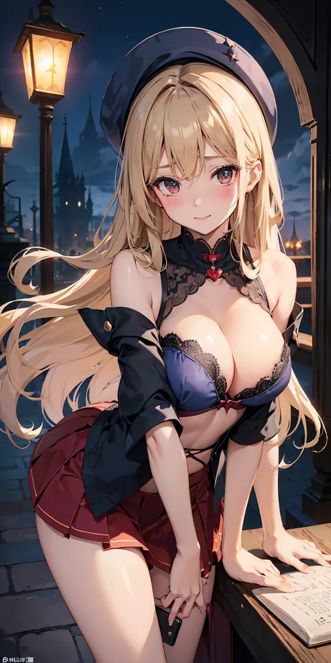 Adult Woman, Sexy Witch Cosplay, Long dark blonde wavy hair、off-shoulder knit, (darkblue pleated skirt), Medium milk, Blushing, Shy laughter, Bare shoulders、(Pose to lean forward and emphasize the chest)、(turned around)、sexy hips、Puffy nipple、Sexy red bra、...