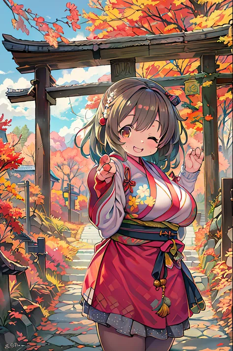 huge-breasted、kawaii、Sunny Clothes、japanese kimono、torii gate,((Oblique angle))、{{close up to face}}、one eye closed、8 years old girl、winking、A big smile、bbw、thick thight、big butts、Ultramammy,Chibi, autumn day,kaede、 Pines, Anime Background Art, japanese ar...