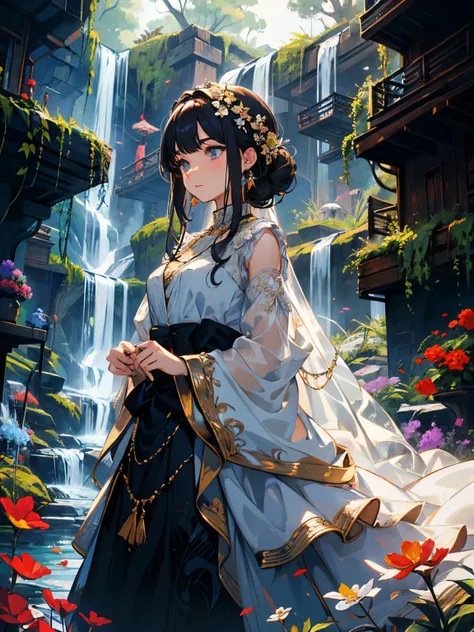 Em um reino oculto, a girl stands before a cascading waterfall, seu traje se mistura perfeitamente com a beleza da natureza. A flowing gown adorned with delicate floral patterns drapes around her, espelhando as flores vibrantes que adornam a paisagem circu...