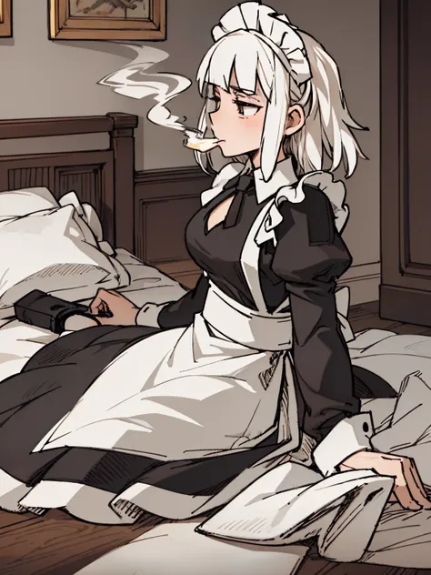 front view of a girl,((Full body lesbian,White hair,curlies,(the maid outfit))),Smoke a big cigarette,young, white backgrounid