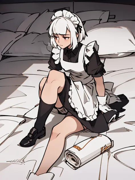 front view of a girl,((Full body lesbian,White hair,curlies,(the maid outfit))),Smoke a big cigarette,young, white backgrounid