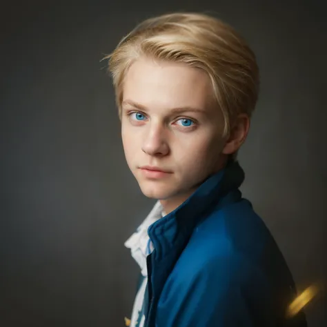 (a portrait,realistic),boy in blue jacket,blonde hair,elegant pose,yellow eyes,sharp focus,10 years old,vivid color palette,profile photography,detailed facial features,expressive eyes,bright lighting,playful expression,cool background scenery,standout cha...