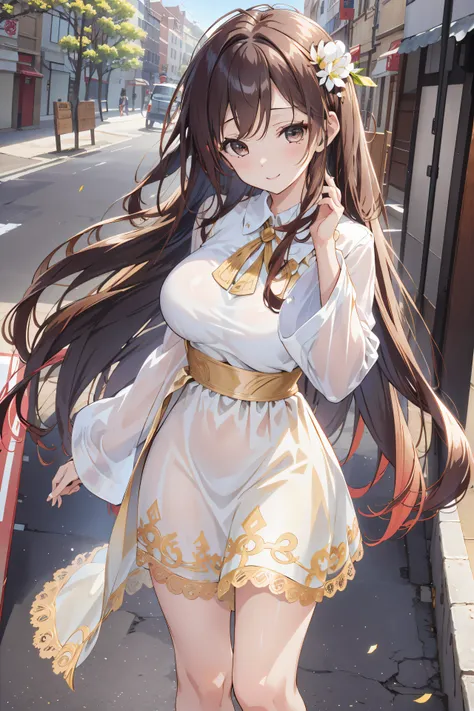 (masutepiece:1.2), (Best Quality:1.2), (((masutepiece))), (((Best Quality))), Perfect eyes, Perfect face,  22-year-old woman, Fantasy Medieval City Square , Smiling、((medium large breasts))、Long wavy hair, dark brown hair, White and yellow lace dress、Gorge...