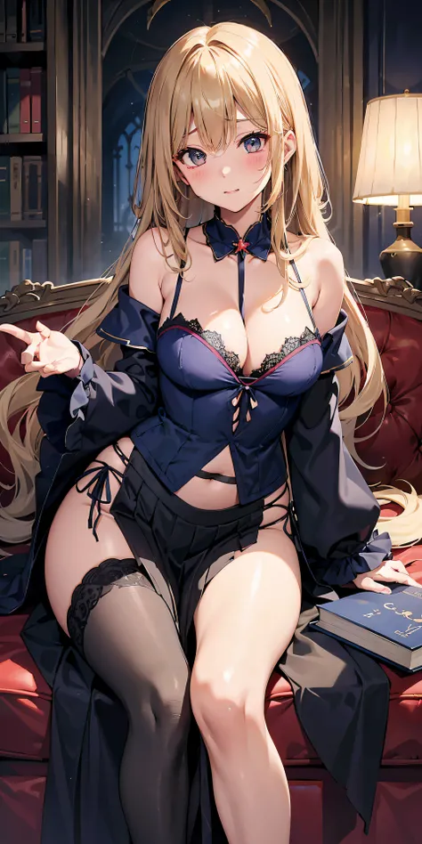 Adult Woman, Sexy Witch Cosplay, Long dark blonde wavy hair、off-shoulder knit, (darkblue pleated skirt), Medium milk, Blushing, Shy laughter, Bare shoulders、(Pose to lean forward and emphasize the chest)、(turned around)、Puffy exy hips、Red lace panties、Blac...