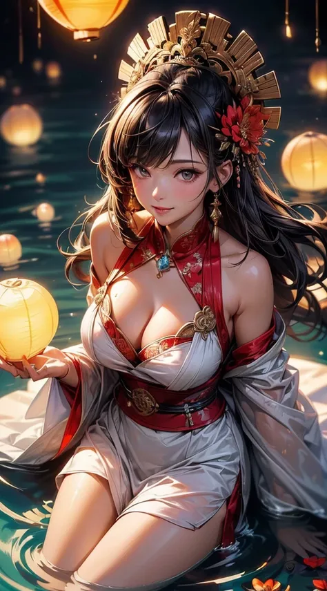 (((8k wallpaper of extremely detailed CG unit, ​masterpiece, 超A high resolution:1.2, top-quality:1.2, masutepiece, textures and maximum detail))), ((extremely beautiful lady, seductively smiling, A dark-haired, white kimono and red belt:1.2)), ((The best l...