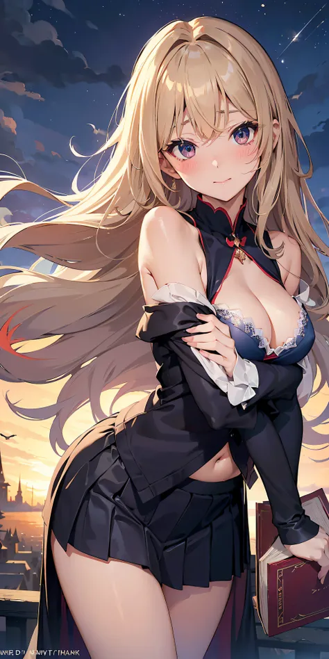 Adult Woman, Sexy Witch Cosplay, Long dark blonde wavy hair、off-shoulder knit, (darkblue pleated skirt), Medium milk, Blushing, Shy laughter, Bare shoulders、(Pose to lean forward and emphasize the chest)、(turned around)、sexy hips、puffy exy red bra、Red lace...