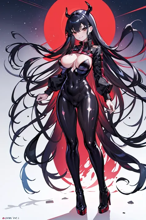 Carefully draw the face, High-quality faces in anime style, Shiny black full body suit, Black High Heels, Red lines all over the body, a long black hair, huge tit, Big ass, Whip thighs, seductiv, a smile, succubus, Rear view