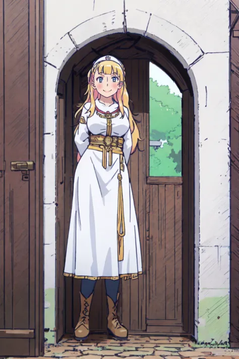 galko,1girl, solo, smile, full body, standing, long skirt, priestess, religious, holy, cute, blush, ,tall female, medieval clothing, white veil, tunic, long skirt,boots, huge brest, curvy,