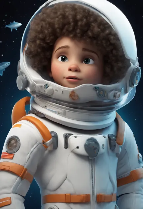 a white child, South American, curly hair, curly hair, white skin, next to the shark character from NETFLIX, wears a spacesuit, white background, barnet, toon, pixar style, 3d, cartoon, detailed face, asymmetrical 16k