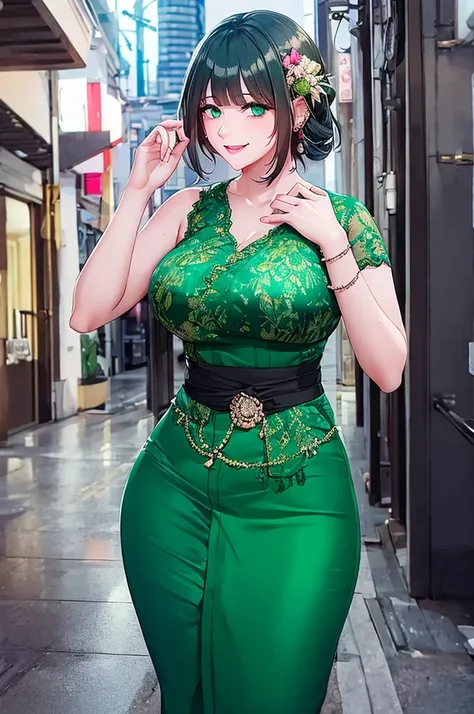 fw.yerin,green eyes,masterpiece,best quality,night view,rainy,cyberpunk city,wet clothes, kebaya_bali,green_kebaya_bali,large br...