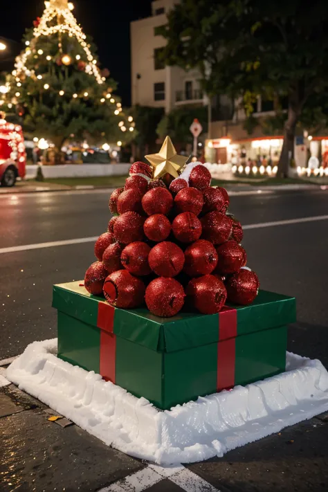 close-up of Christmas presents being placed by Santa Claus under a Christmas tree, the tree is full of Christmas decorations, tem luzes de natal brilhando e preenchendo toda a cena, the scene is in the middle of the road, there is a traffic cone next to th...