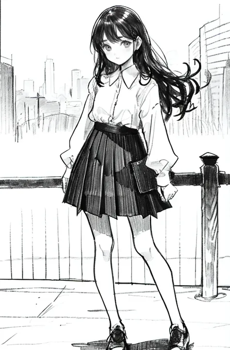 1girl in,line-drawing,monochromes,sketch,Pencil drawing,Traditional Media,1girl in, black skirt fence, long hair shirt, long-sleeve, Skirt, Solo、Standing、Cute teenage woman, ,Beautiful portrait、Delicate body、full body Esbian、Looked、ru、bob、shorth hair、Patsu...