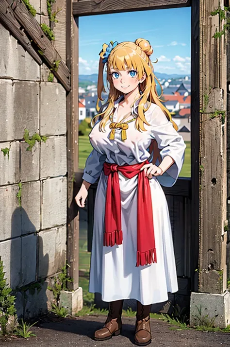 galko,1girl, solo, smile, full body, standing, long skirt, priestess, religious, holy, cute, blush, ,tall female, medieval clothing, white veil, tunic, long skirt,boots, huge brest, curvy,sexy, sensual, volouptouse