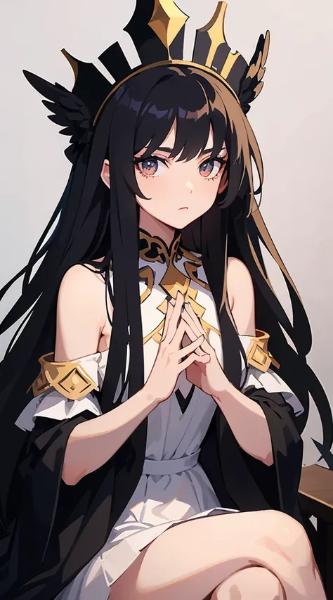 A girl with black hair, sitting on a throne, wearing long gown dress with long trail, white dress, facing forward, looking at viewer.  Perfect boy, perfect anatomy, detailed face, perfect hands, perfect fingers. Perfect body proportions. HD, clear picture....