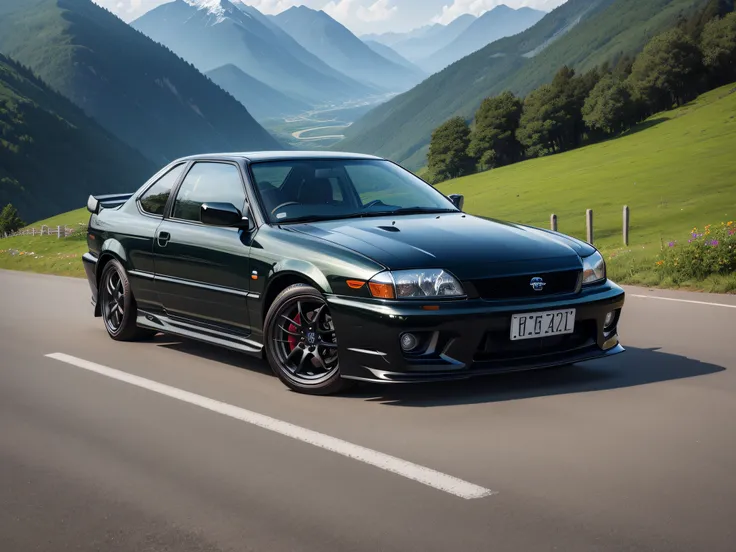 超A high resolution、An ultra-high picture quality、8K、Detailed details、marvelous expression、summer valley、Beautiful fresh greenery、A pitch black sports car runs on a mountain road built along the mountain....、Nissan Bluebird SSS Coupe 2000GTS-R