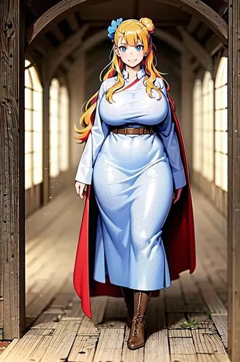 galko,1girl, solo, smile, full body, standing, long skirt, priestess, religious, holy, cute, blush, ,tall female, medieval clothing, white veil, tunic, long skirt,boots, huge brest, curvy,sexy, sensual, volouptouse, thicc